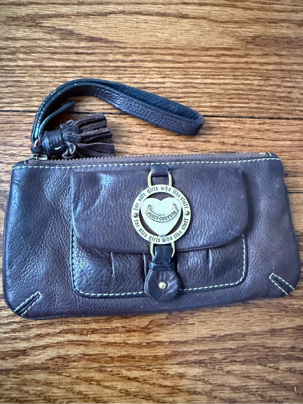 Juicy Couture Dark Brown Leather Wristlet Clutch with Logo Medallion